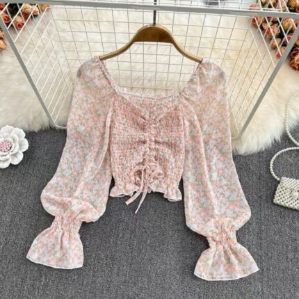 Off Shoulder Floral Chiffon Shirt with Exposed Collarbone Low Neck Drawstring Short Style Temperament Long Sleeved Top